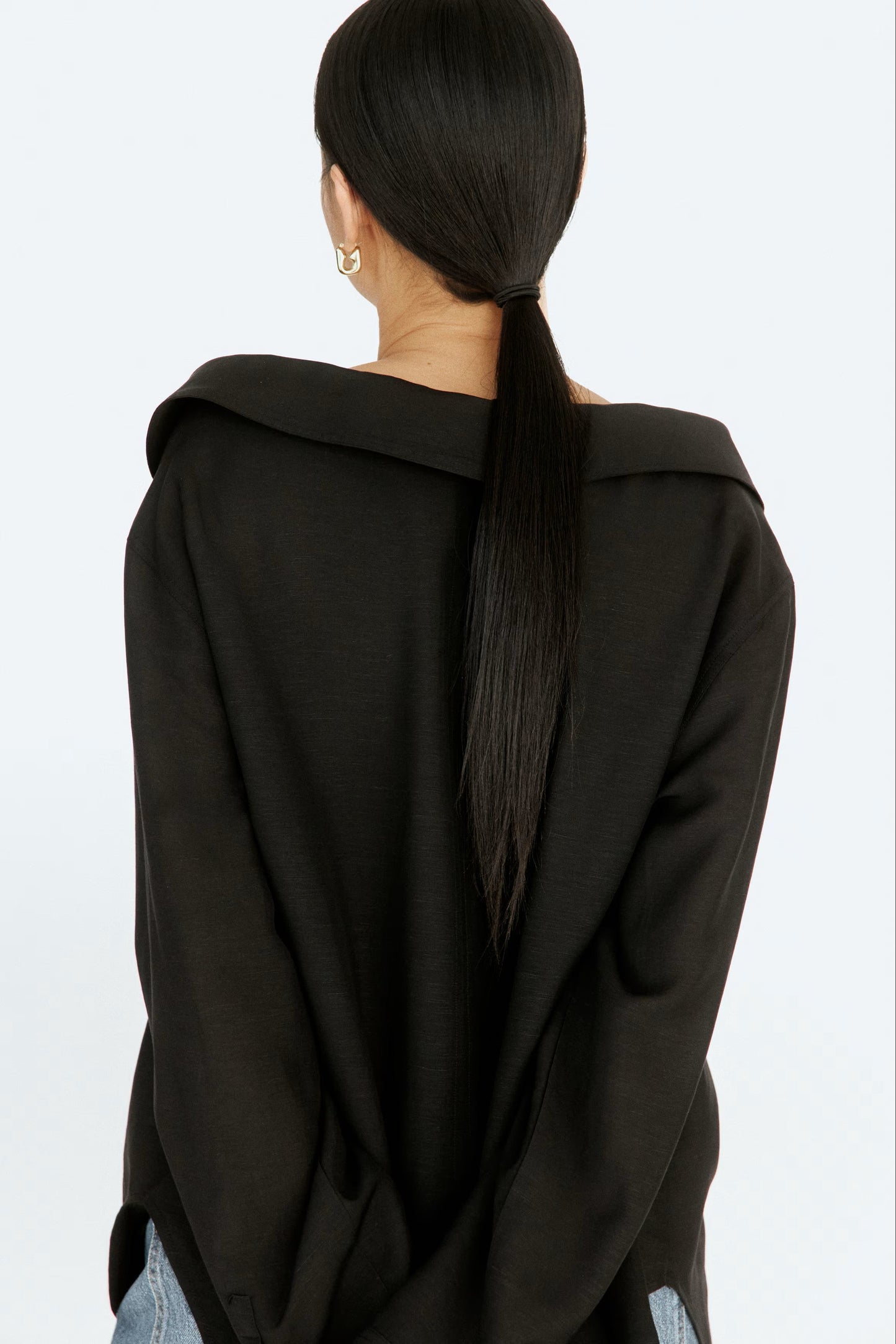 Black Off-the-Shoulder Oversized Button-Down Shirt