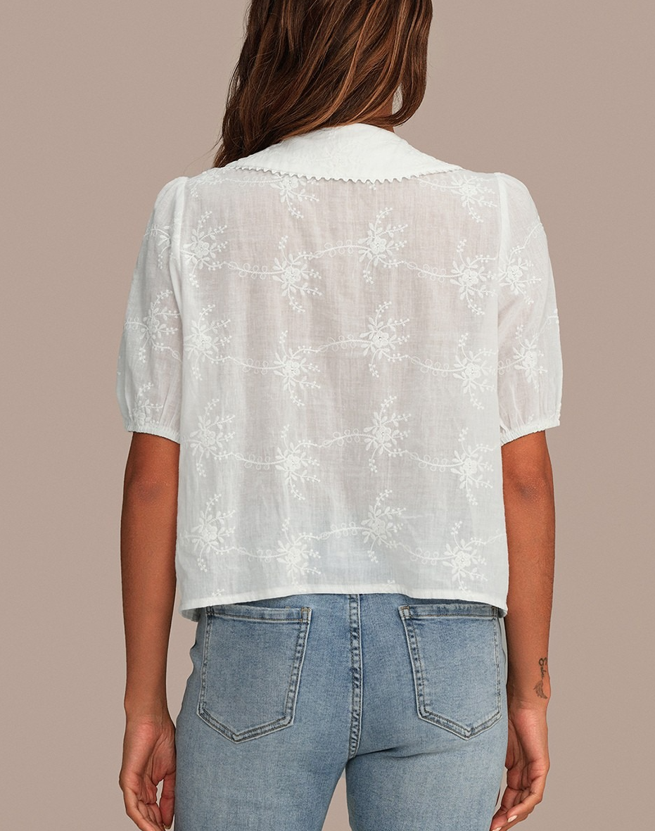 White Short Puff Sleeve Collared Neck Floral Embroidery Cotton Blouse