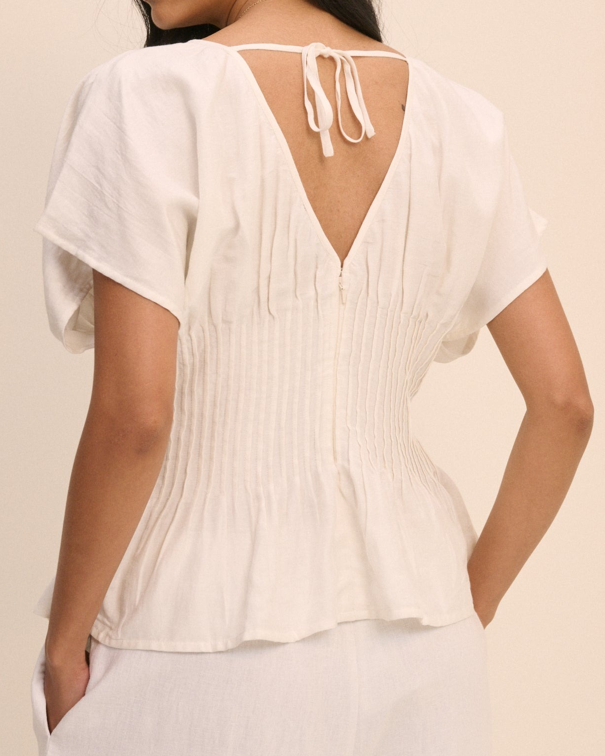 Cream Pintuck Short Sleeve Top