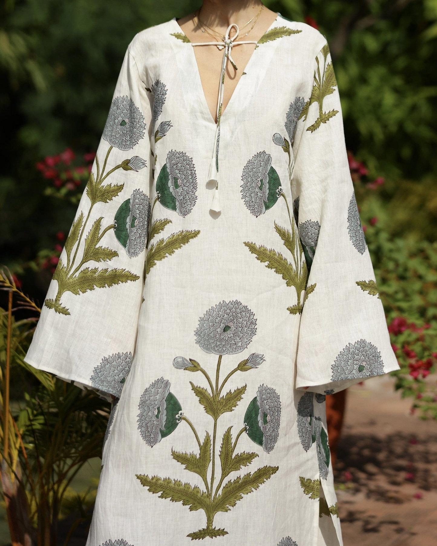 V-Neckline Bell Sleeves Flower Caftan