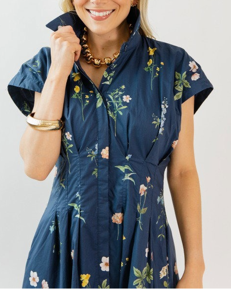 Pleated Floral Midi, Navy Mix