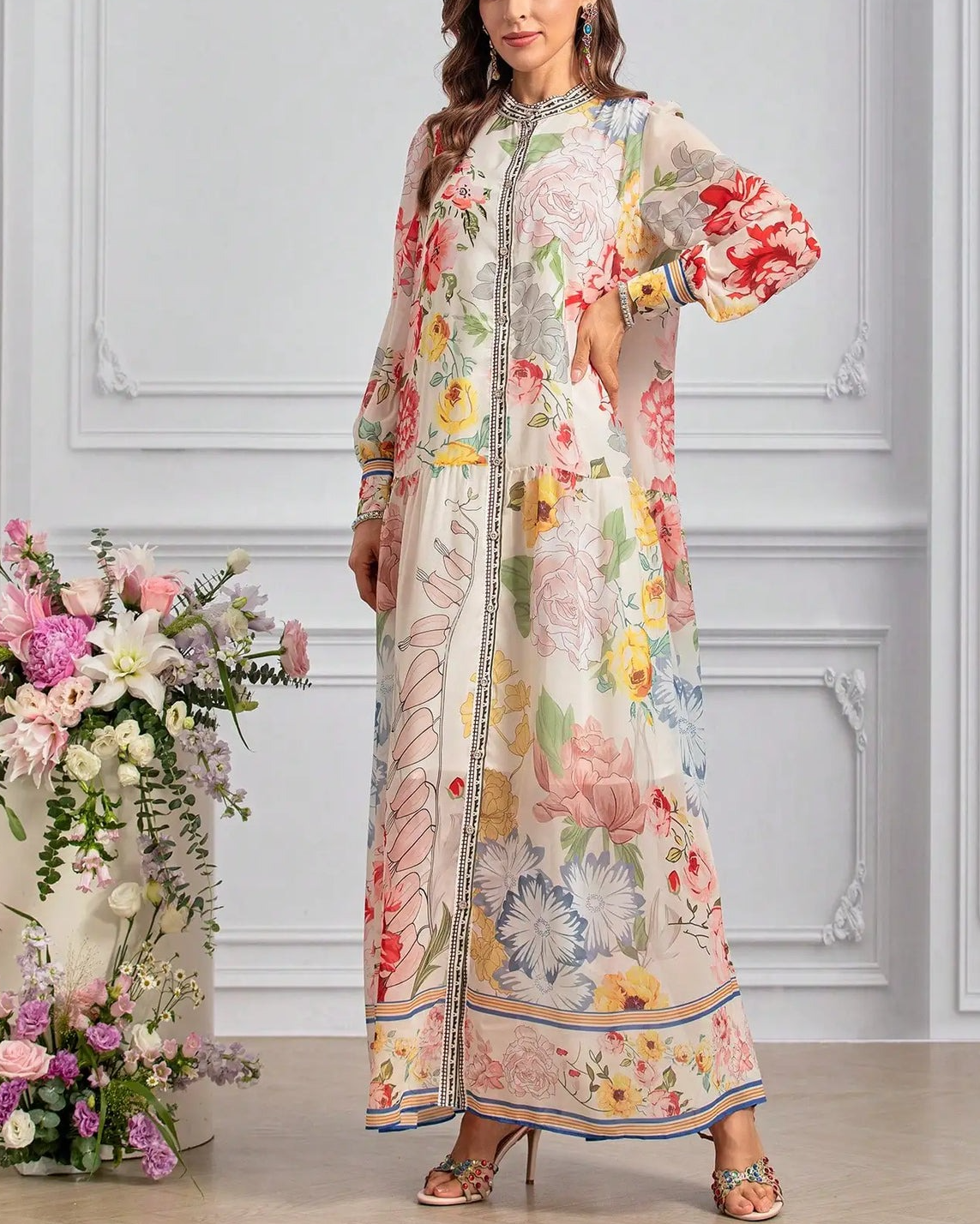 Floral Printed Adjustable-Cuffs Shirt Dress