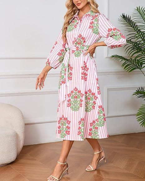 3/4 Puff Sleeve Belted Dresses with Pockets