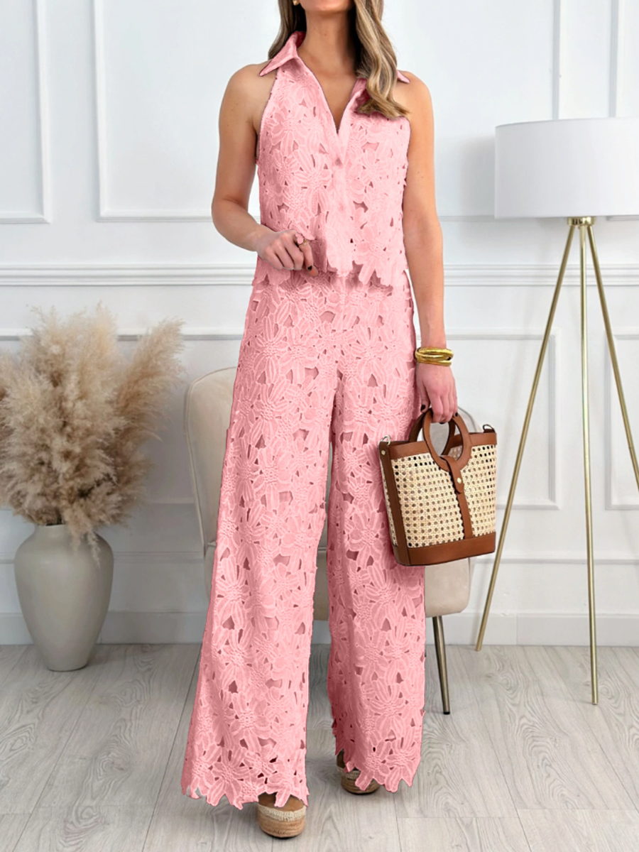 Chic Embroidered Openwork Trousers Suit