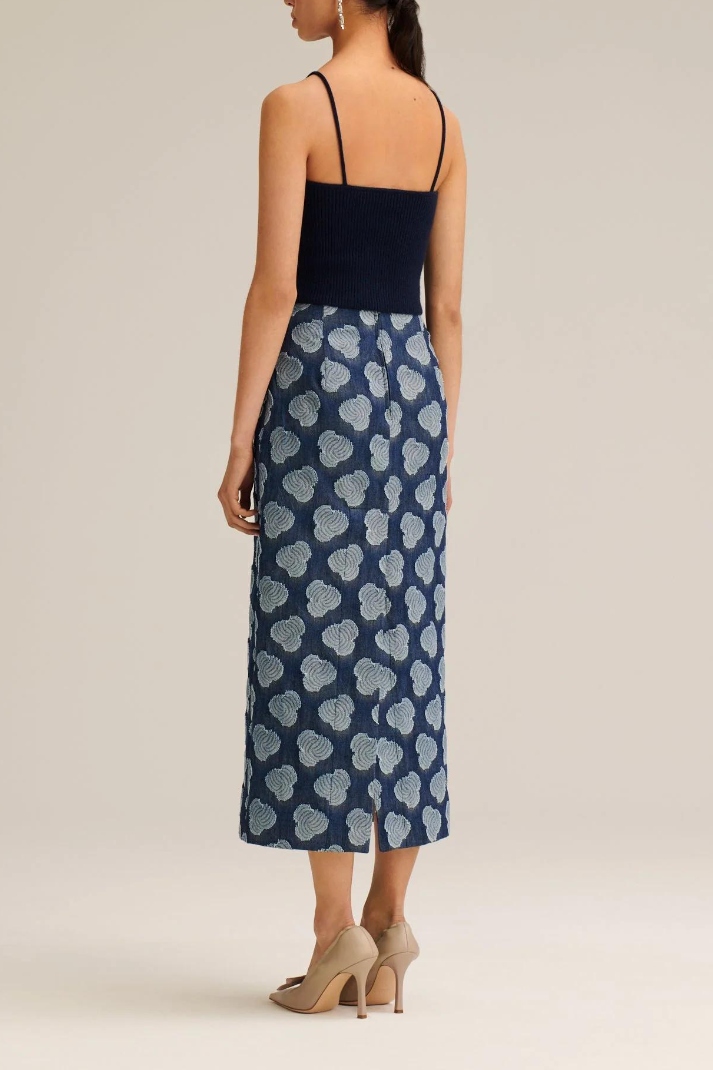 Dark Blue Textured Cloud-Print Denim Midi Skirt