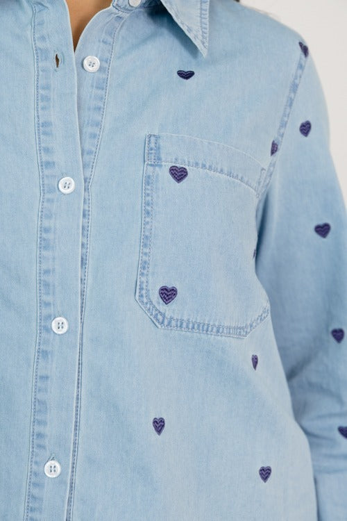 Heart Embroidery Chambray Shirt