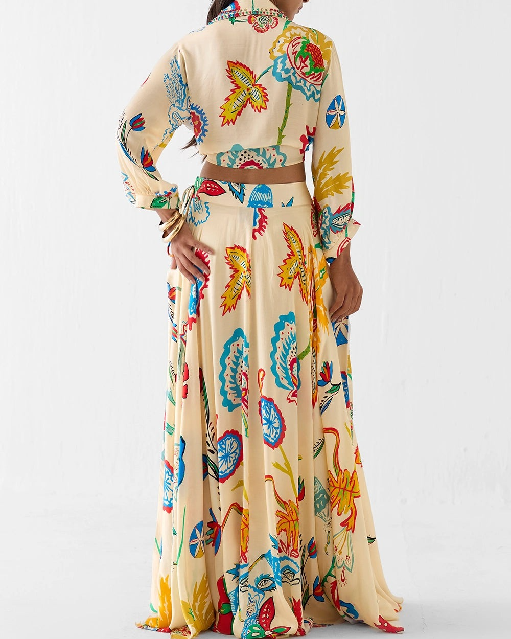 Multi Color Vegan Silk Embroidery, Sequins, Sanganer Print Crop Top And Skirt Set