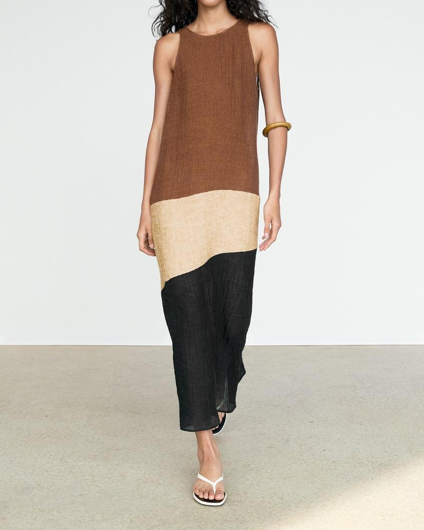Combined Linen Blend Midi Dress