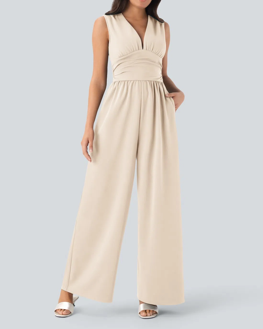 V Neck Sleeveless Ruched Pocket Jumpsuit