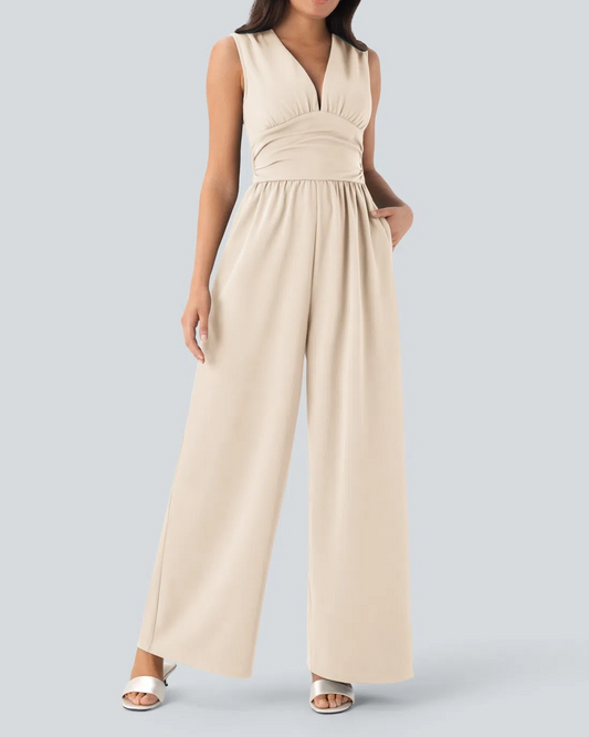 V Neck Sleeveless Ruched Pocket Jumpsuit