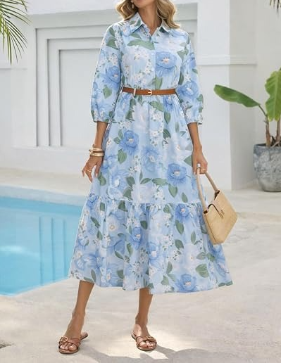 3/4 Sleeve Flowy Ruffle Dress