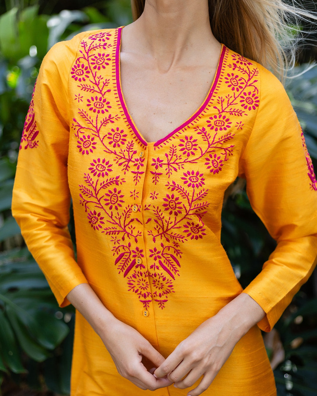 Floral Embroidery V-Neck Button-Up Dress