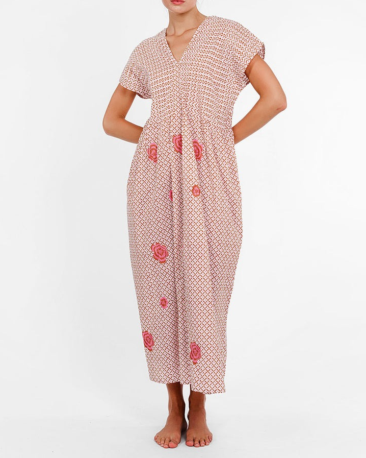 Sea Cale Dress Dotty Mustard Peony Embroidery