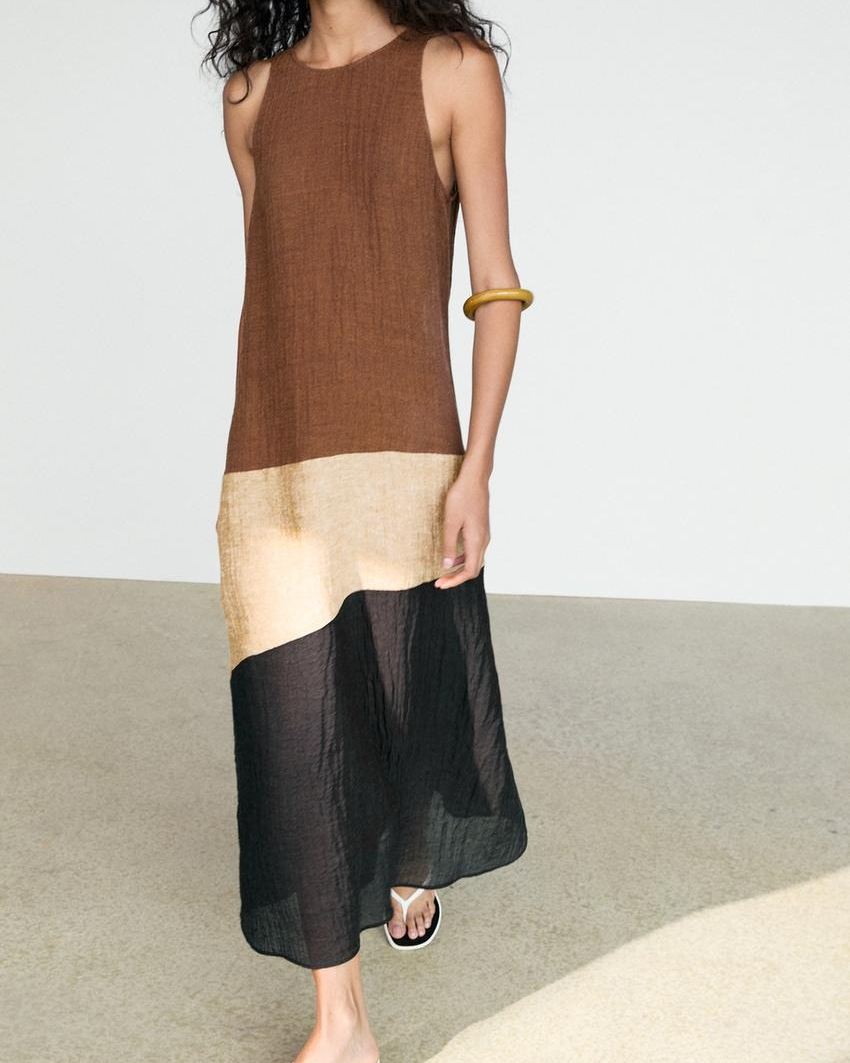 Combined Linen Blend Midi Dress