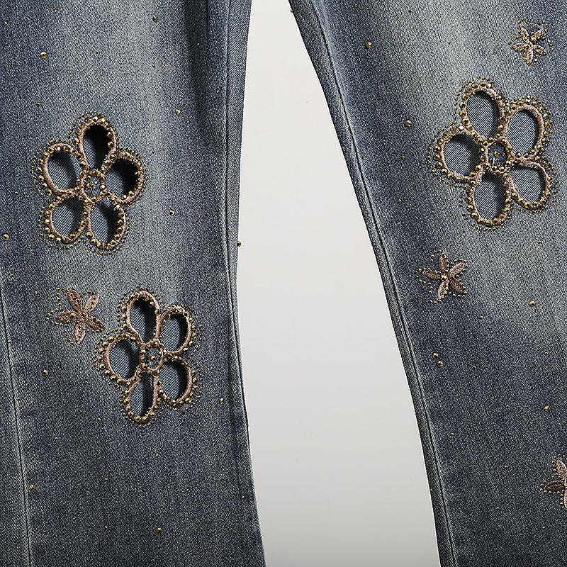 Embroidered Hollow Rhinestone Flared Pants