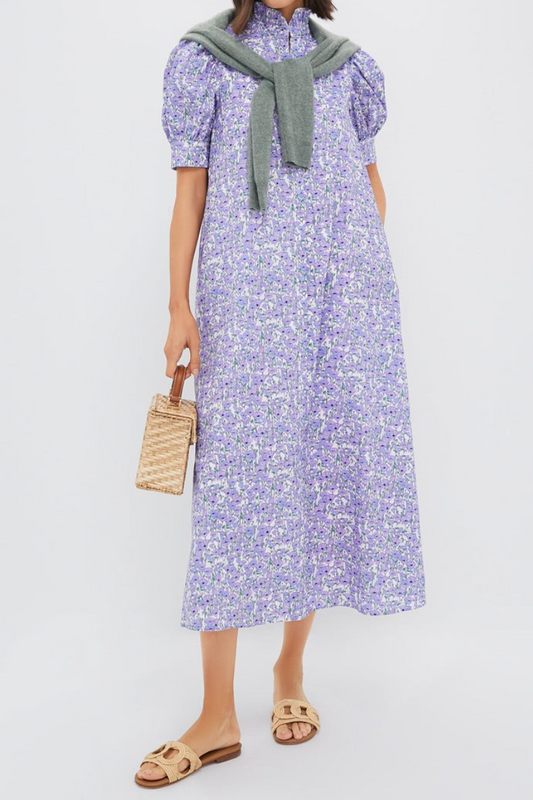Purple Poppies Ruffle Collar Cotton Maxi Dress