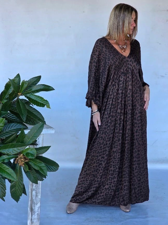 Leopard Print Wide Sleeve Maxi Dress