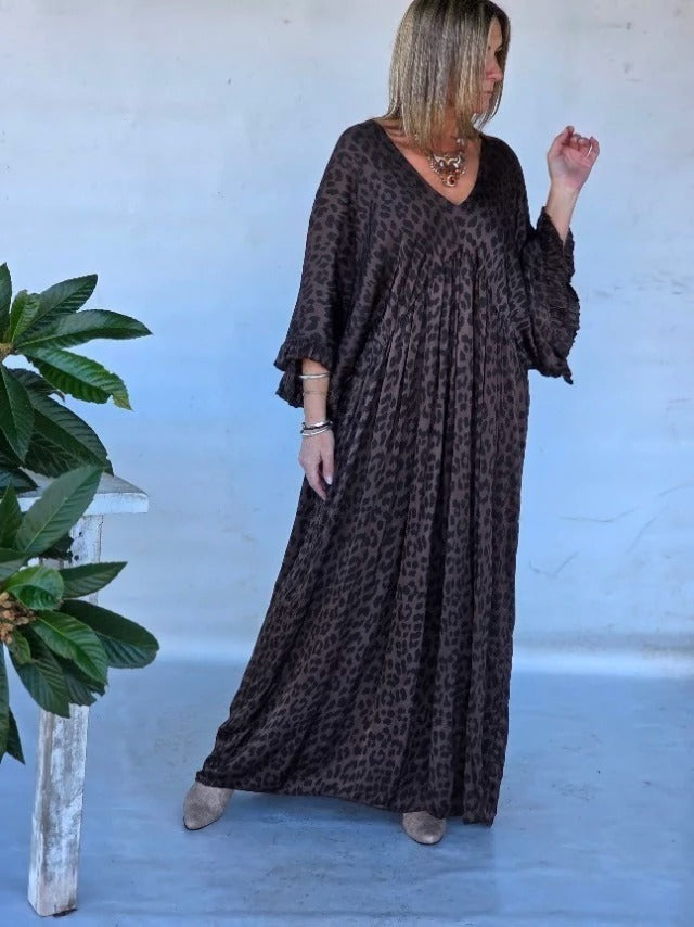 Leopard Print Wide Sleeve Maxi Dress