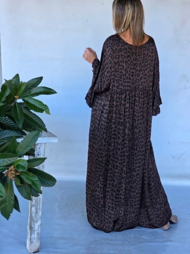 Leopard Print Wide Sleeve Maxi Dress