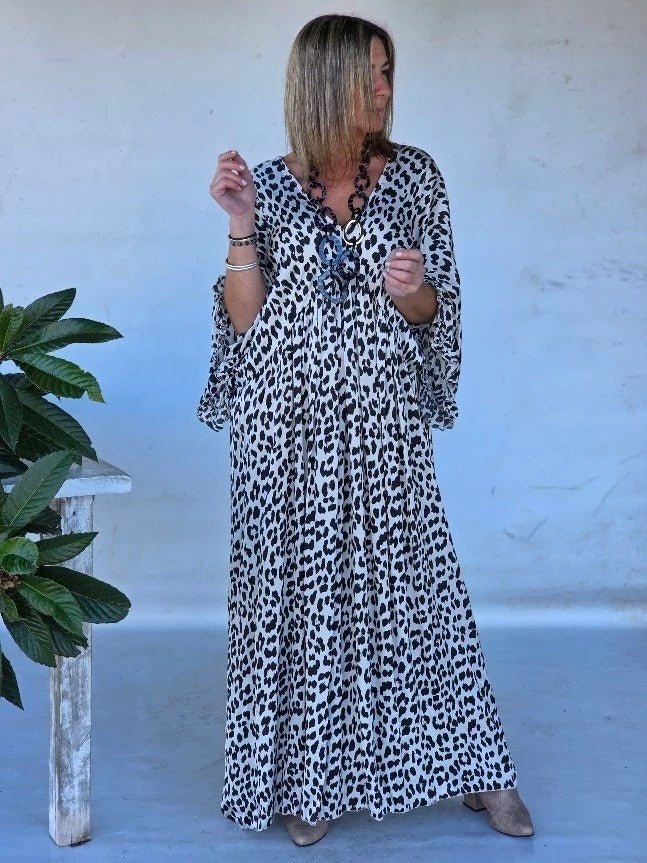 Leopard Print Wide Sleeve Maxi Dress