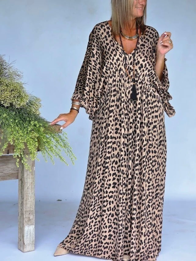 Leopard Print Wide Sleeve Maxi Dress
