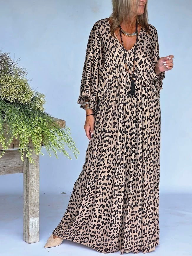 Leopard Print Wide Sleeve Maxi Dress
