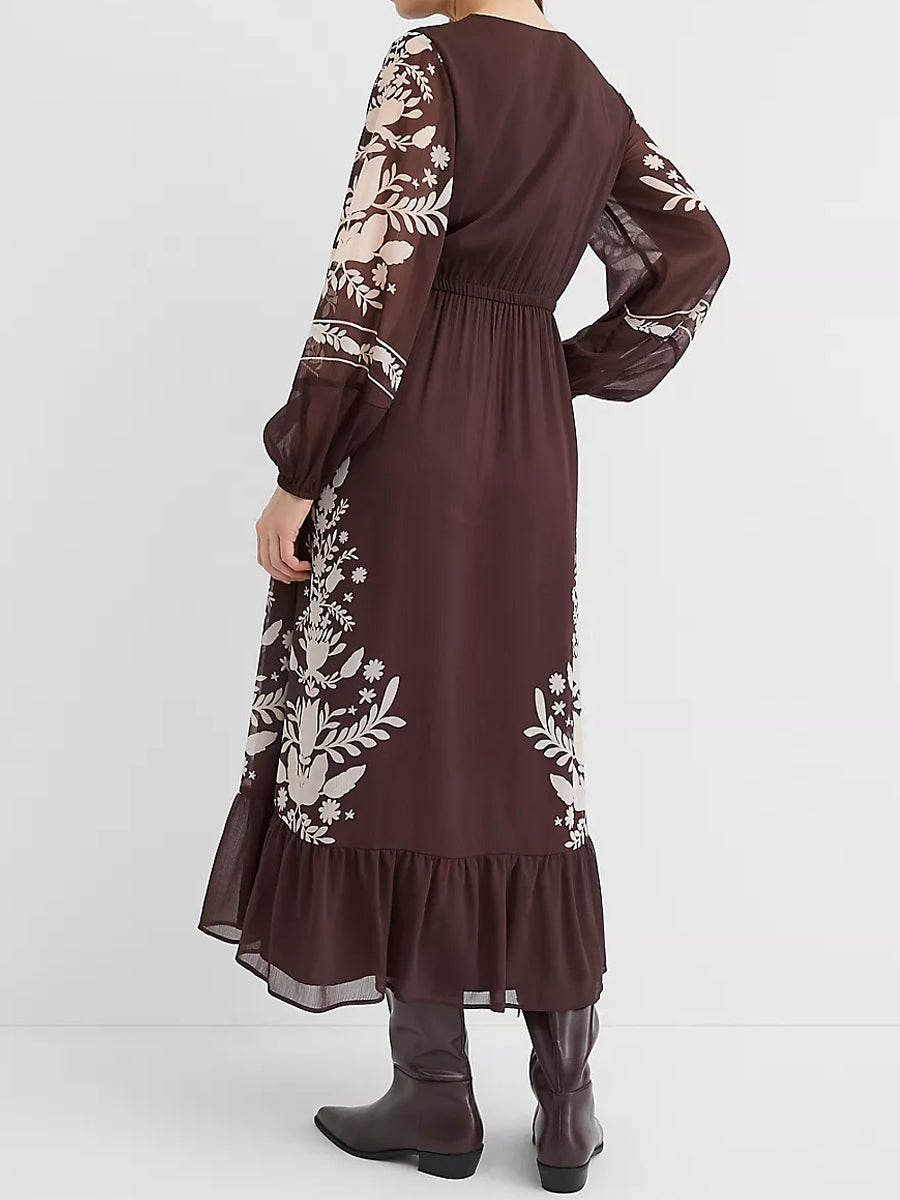 Floral Garland Flounce Maxi Pockets Dress