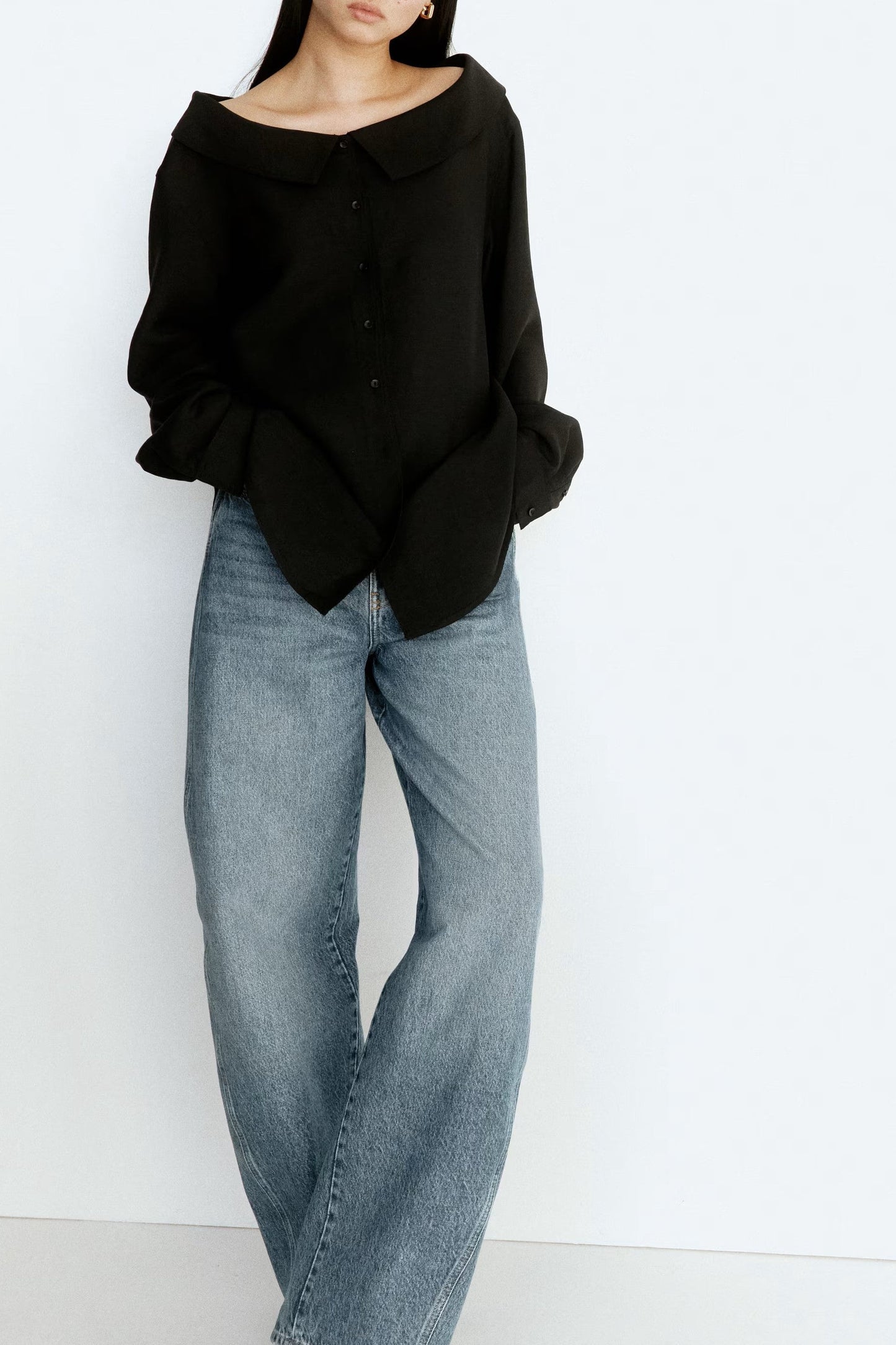 Black Off-the-Shoulder Oversized Button-Down Shirt