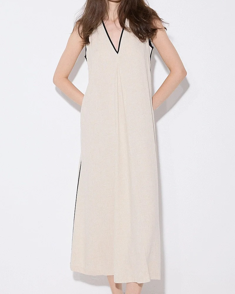 V-Neck Linen Long Dress