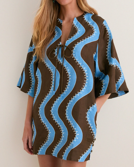 Wave-Print Tie-Neck Mini Dress