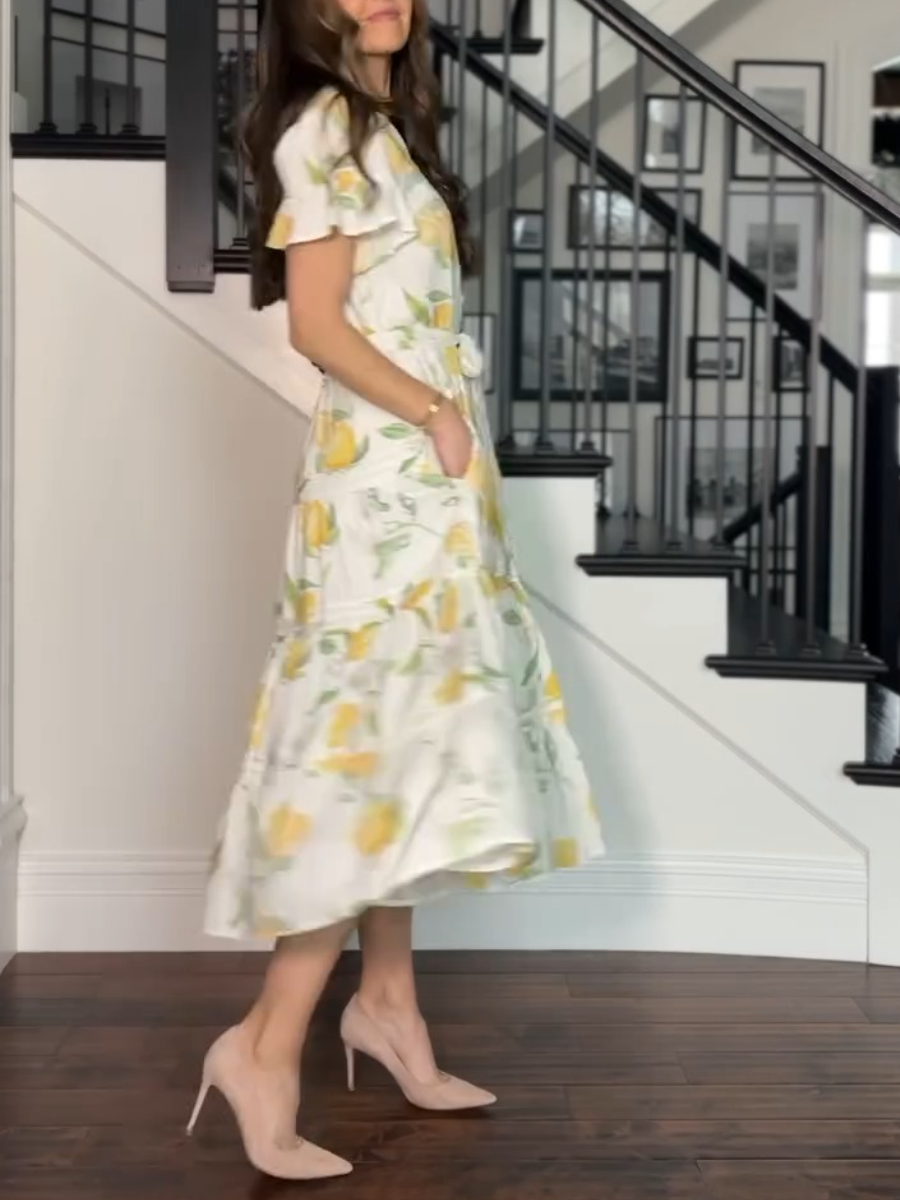 Yellow Printed V-neck MIDI Dress