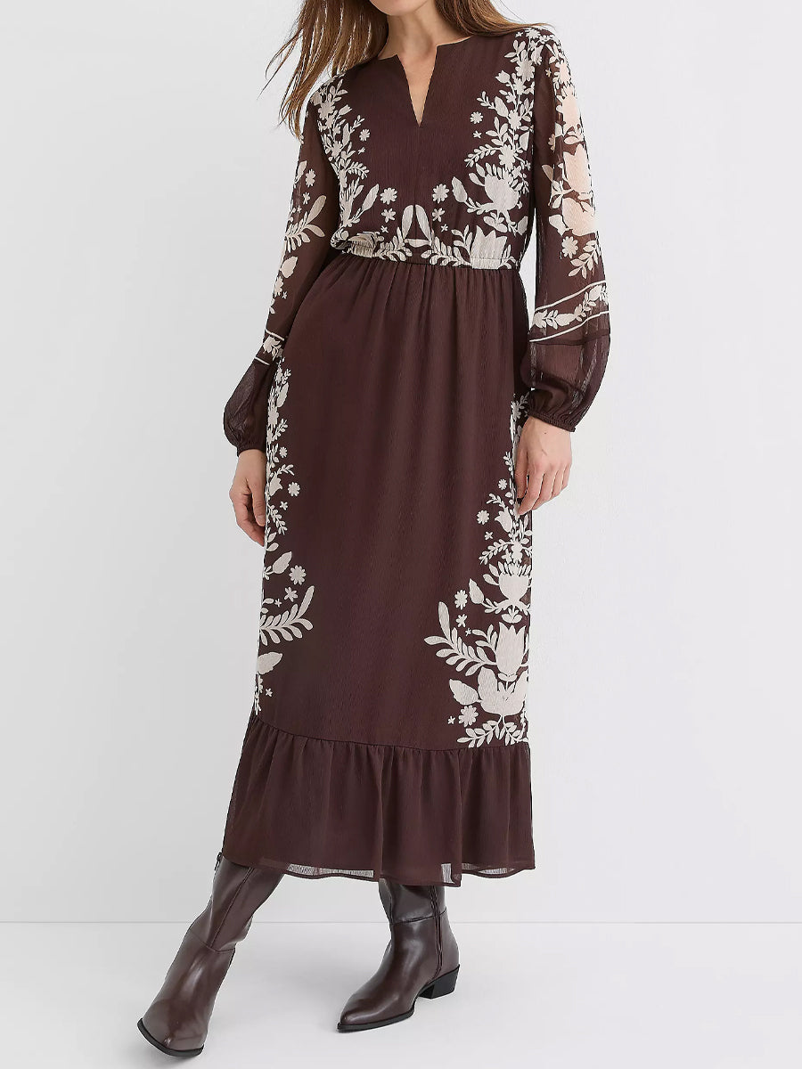 Floral Garland Flounce Maxi Pockets Dress