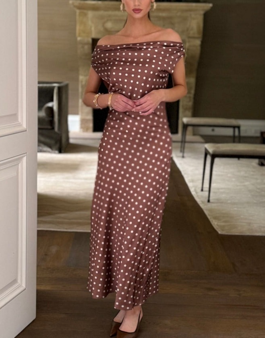 Valeria Chocolate Polka Dot Off The Shoulder Maxi Dress