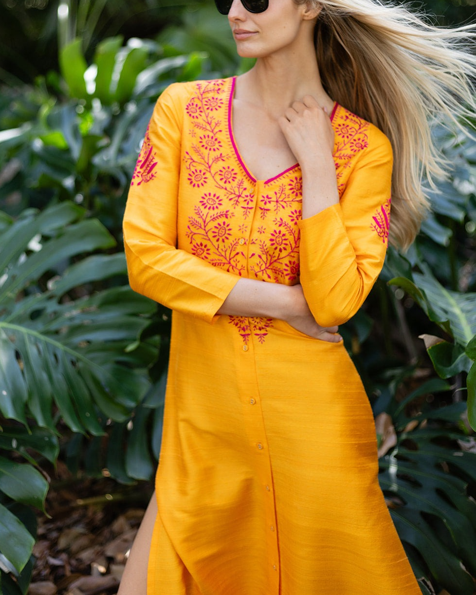 Floral Embroidery V-Neck Button-Up Dress