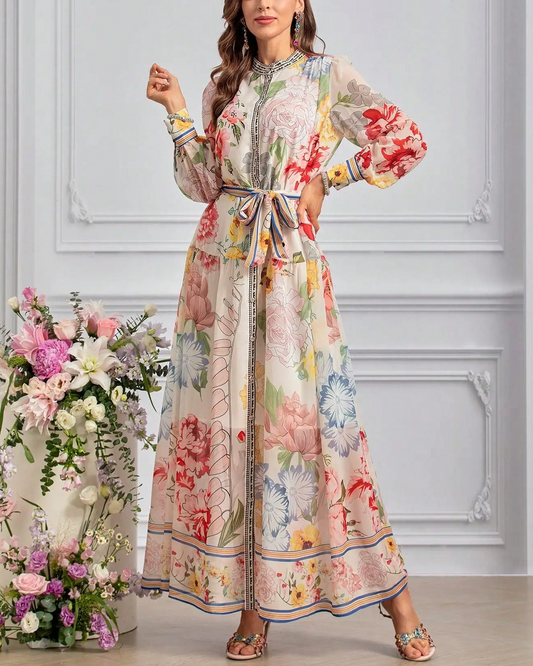 Floral Printed Adjustable-Cuffs Shirt Dress
