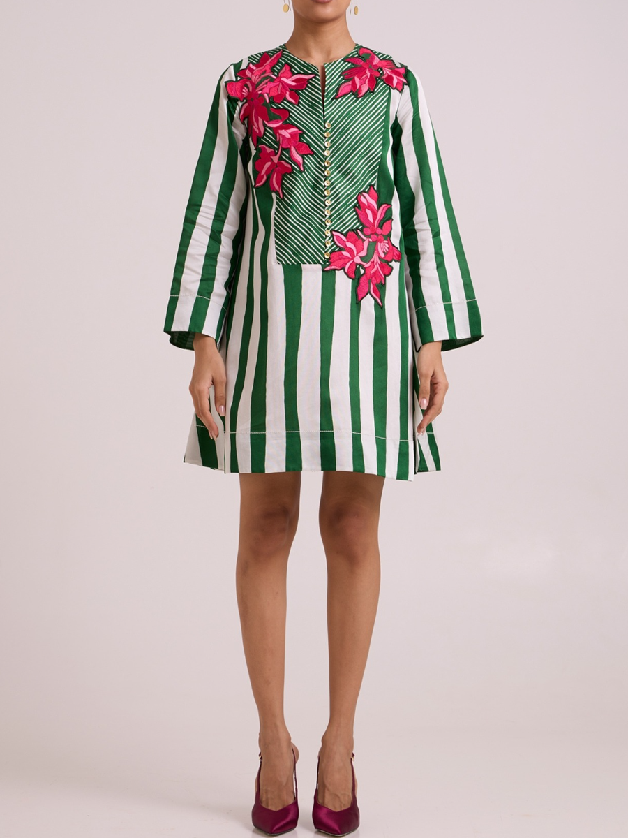 Multi-Colored Bemberg Cotton Satin Floral Printed Dress