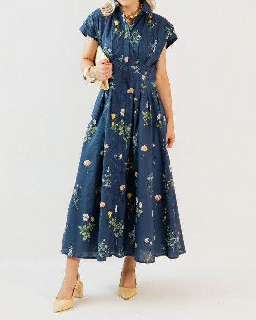 Pleated Floral Midi, Navy Mix