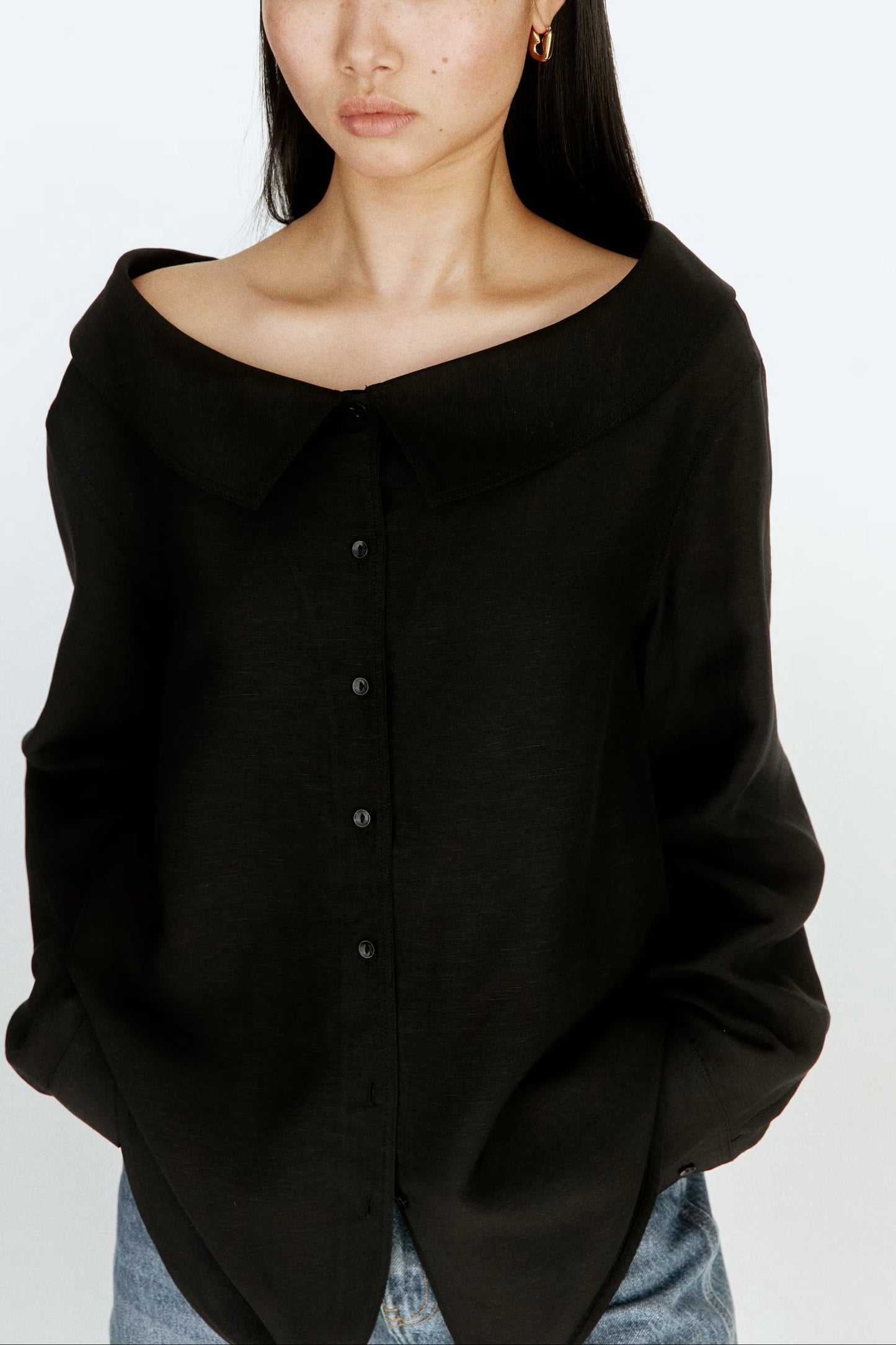Black Off-the-Shoulder Oversized Button-Down Shirt
