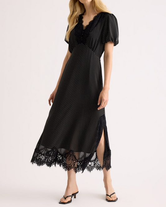 Lace Trim Chiffon Spot Dress
