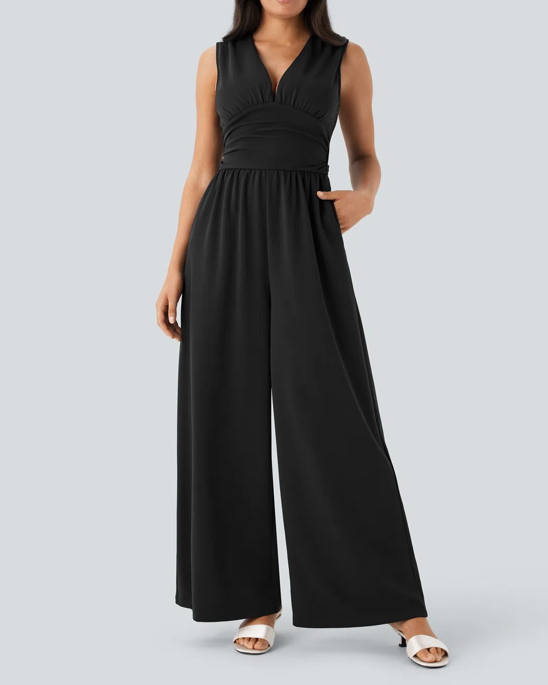 V Neck Sleeveless Ruched Pocket Jumpsuit