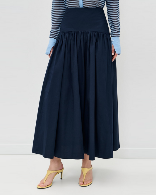 Navy Cotton Poplin Midi Skirt