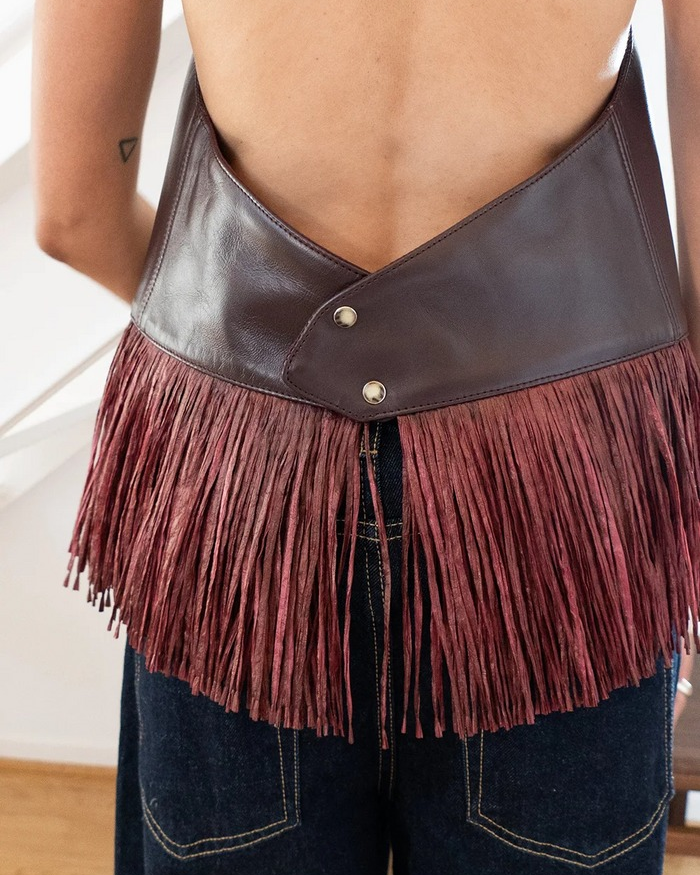 Burgundy Leather Halter Fringe Top