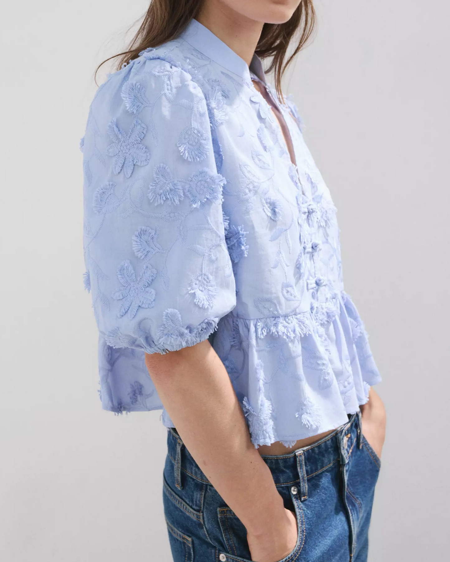 Embroidered Puff-Sleeve Blouse