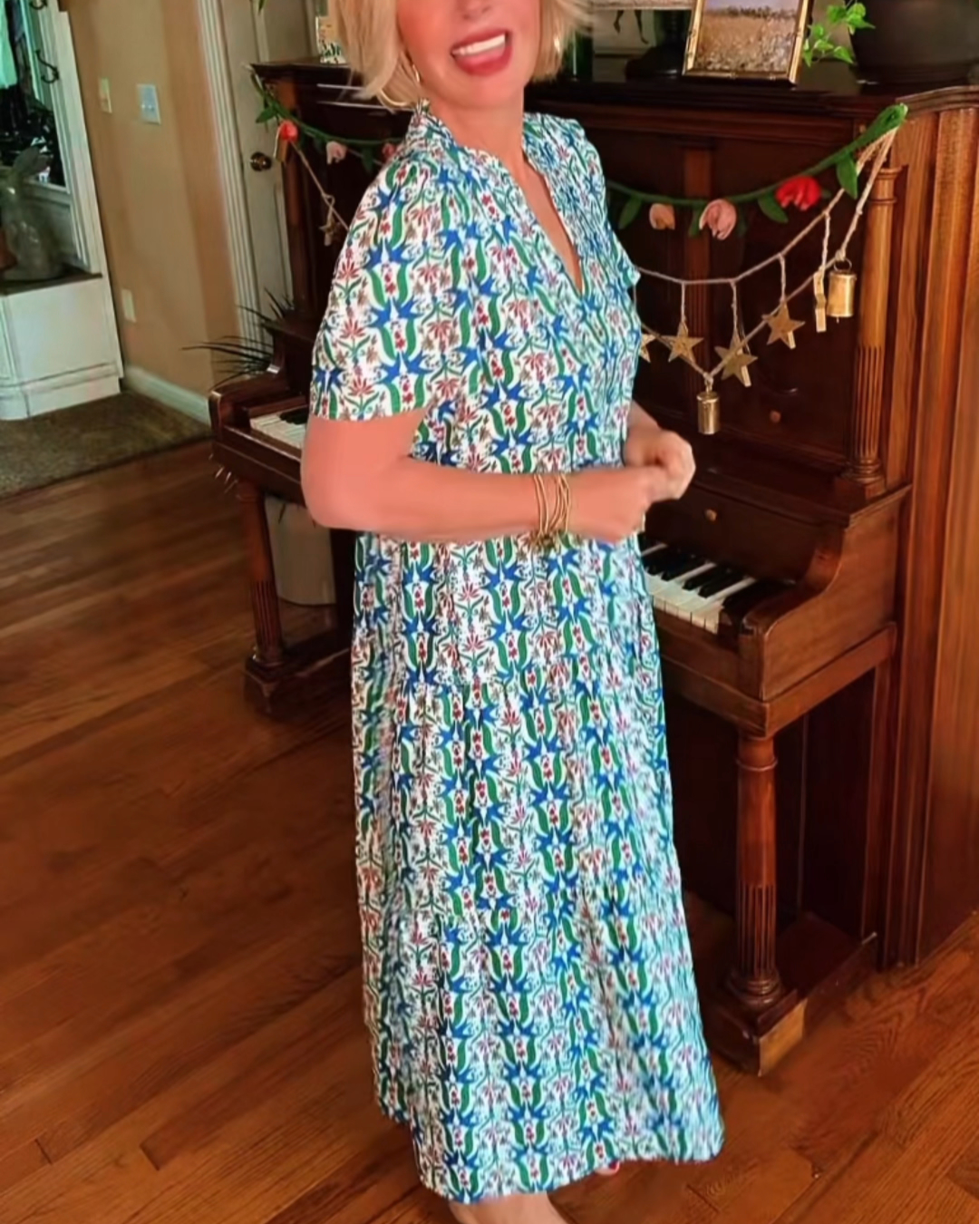 V-Neck Print Midi Dress