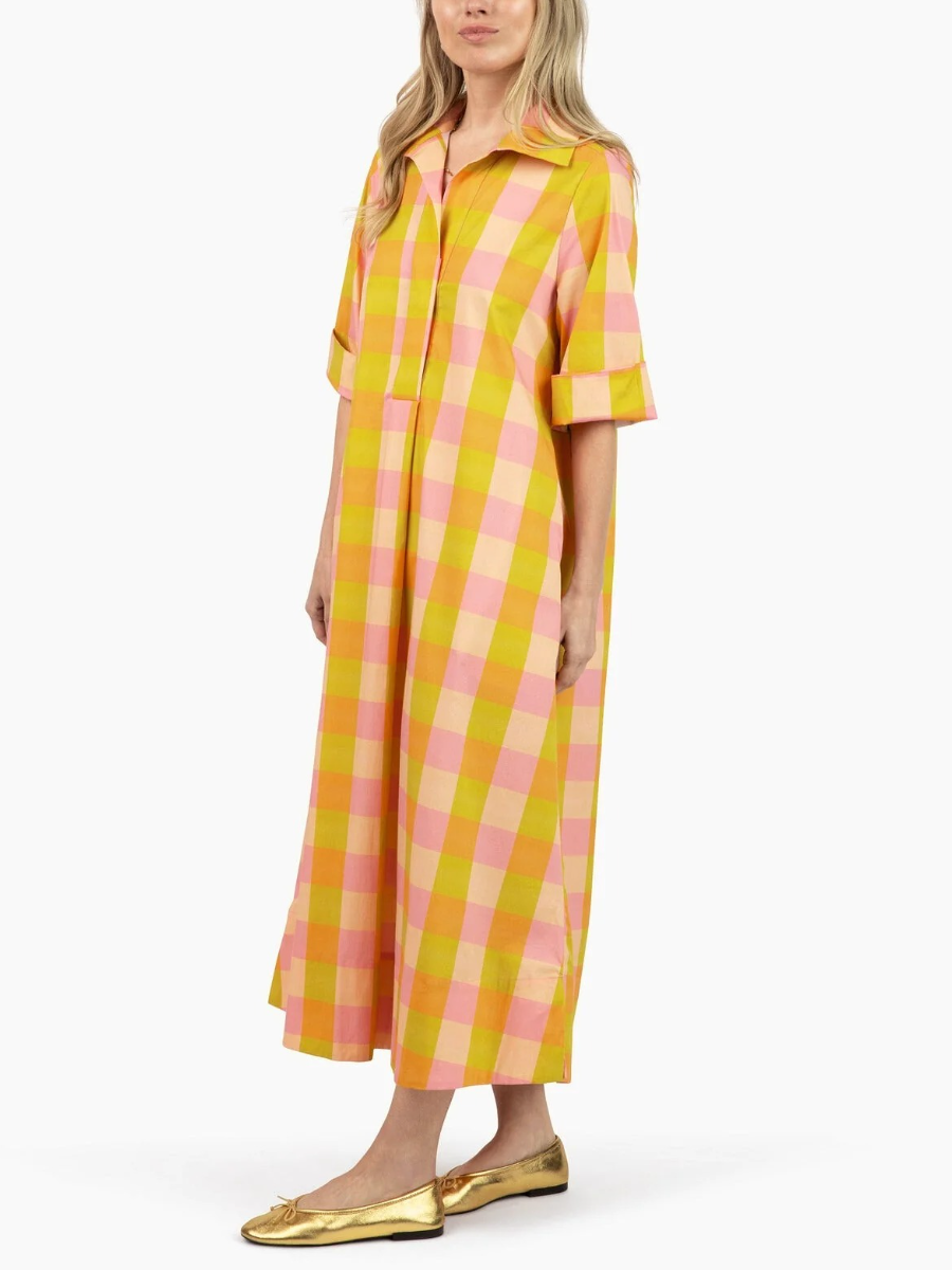 Oversized Check Print Roll Sleeve Shirt Dress