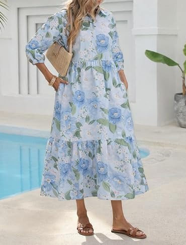 3/4 Sleeve Flowy Ruffle Dress