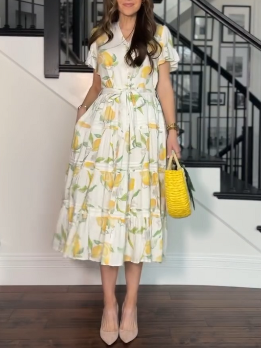 Yellow Printed V-neck MIDI Dress