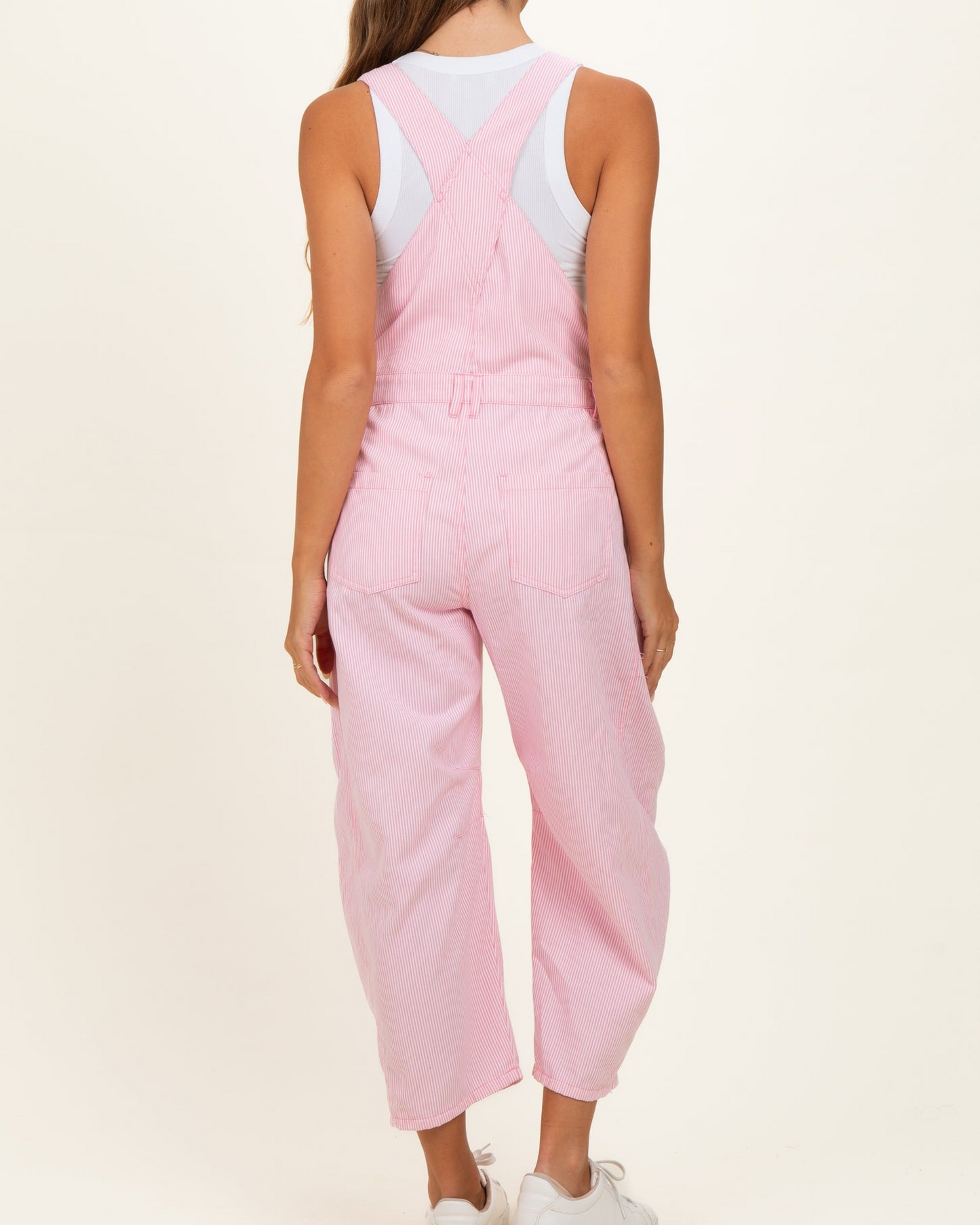 Pink Pinstriped Barrel-Leg Maternity Overalls