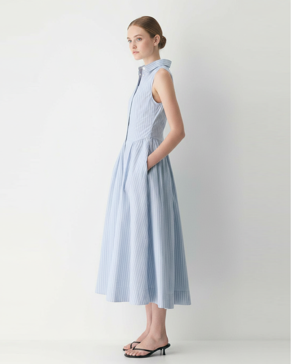 Striped Cotton Poplin Sleeveless Shirt Dress