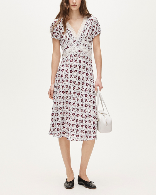 Lace dress in floral-print viscose twill